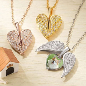 Personalized Heart Shaped Angel Wings Photo Memorial Necklace