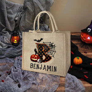 Personalized Pumpkin Bat Spider Web Trick Or Treat Jute Tote Bag Halloween A Gift For A Child