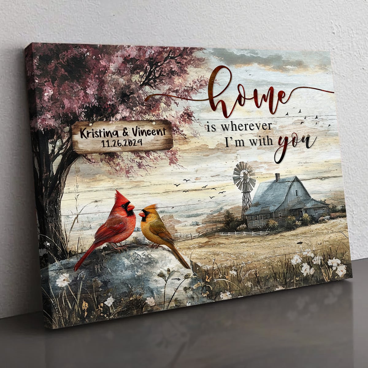 Home Is Wherever I’m With You - Personalized Gift for Couples Cardinals Farmhouse Canvas Wall Art