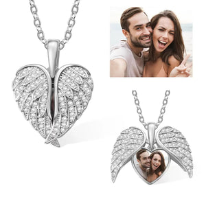 Personalized Heart Shape Angel Wing Photo Locket Necklace Anniversary Birthday Gift for Women