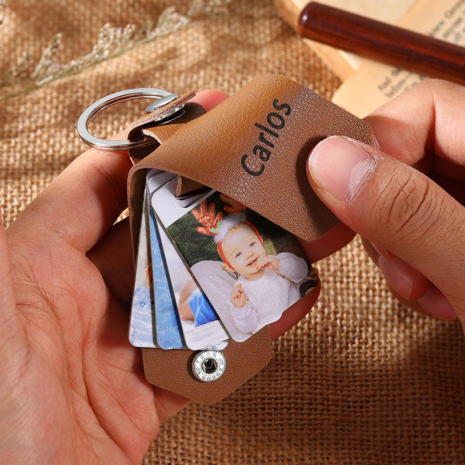 Personalized Photo Album Leather Keychain Gift For Family, Friend, Couple