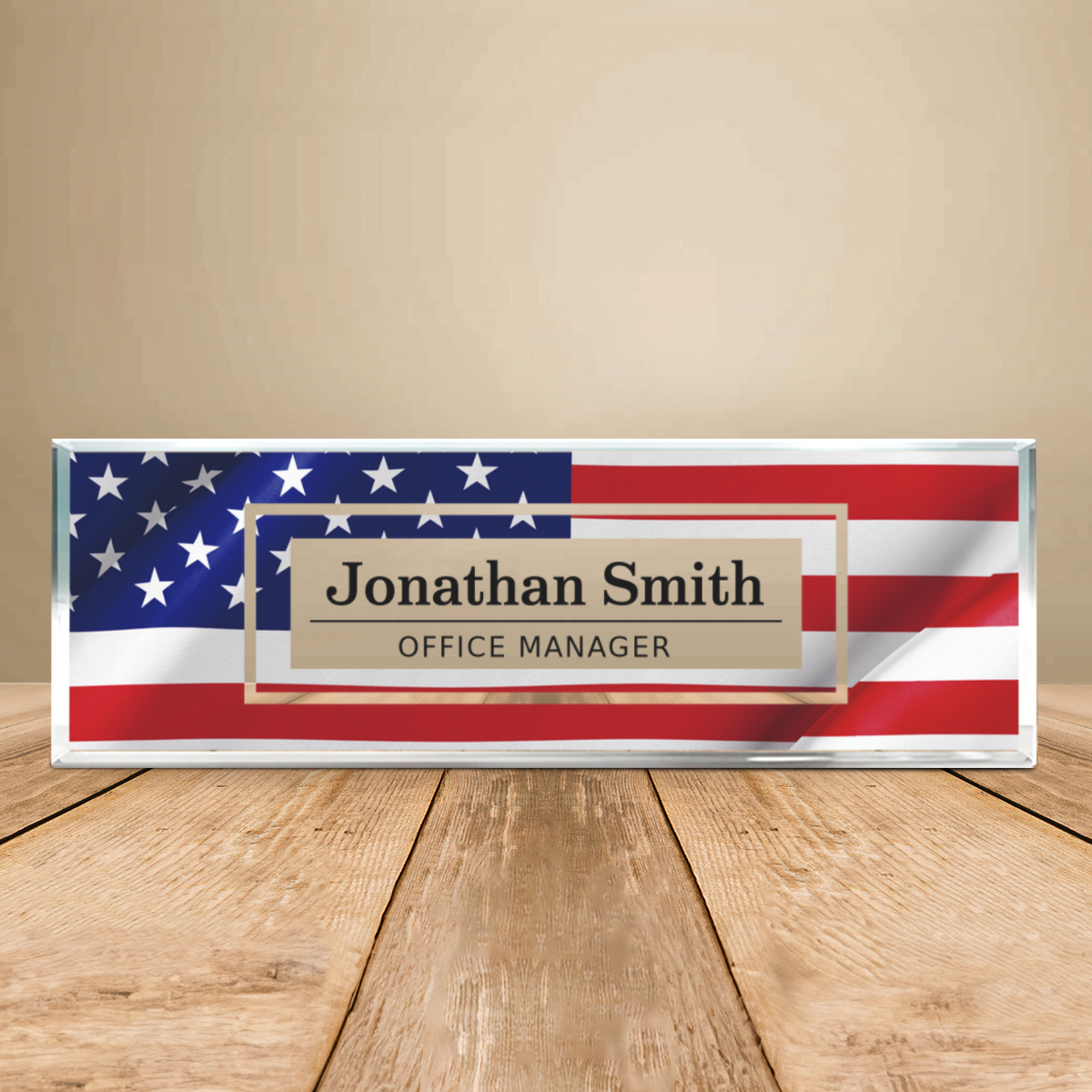 Personalized USA Flag Desk Name Plate, Patriotic Clear Acrylic Desk Plaque