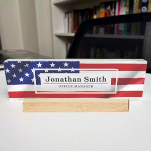 Personalized USA Flag Desk Name Plate, Patriotic Clear Acrylic Desk Plaque