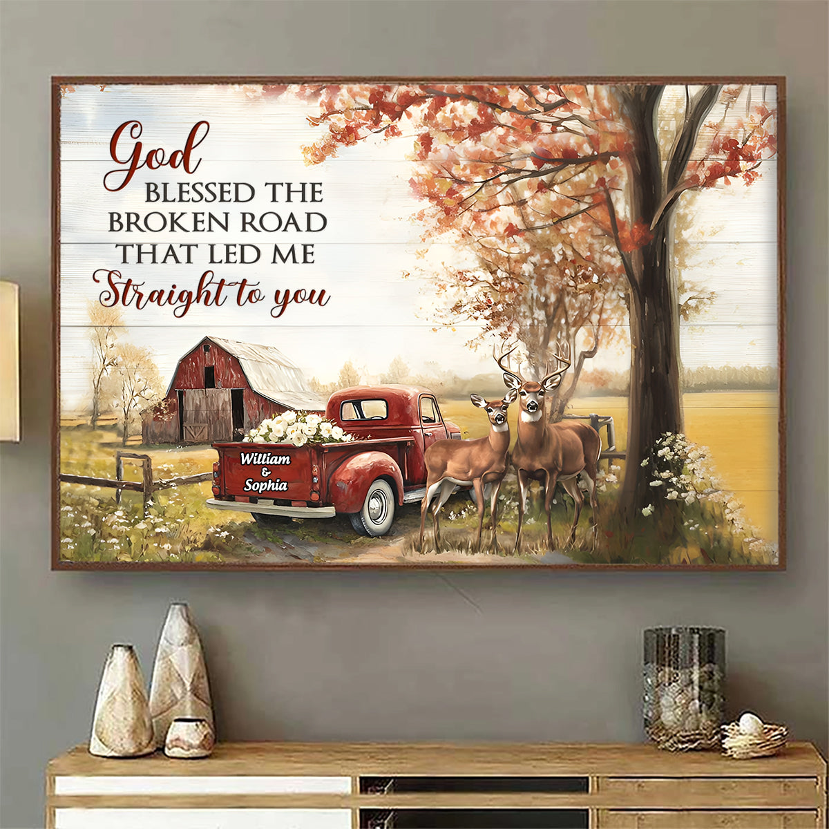 God Blessed The Broken Road Vintage Farmhouse Personalized Couples Canvas Poster