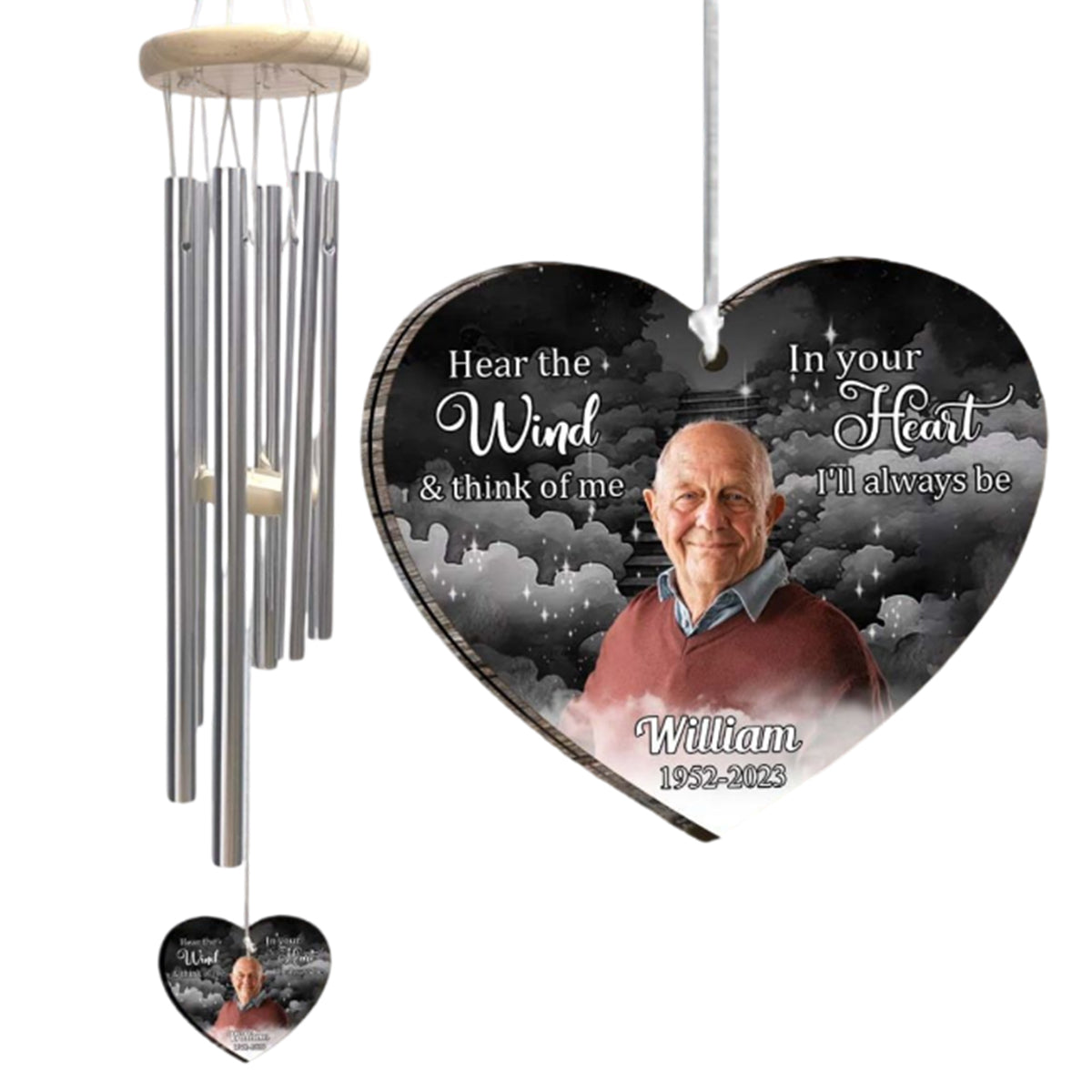 Hear The Wind And Think Of Me - Personalized Memorial Heart Wind Chimes