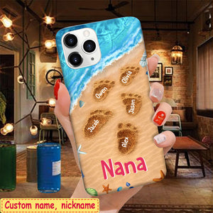 Personalized Phone Case Summer Beach Grandma With Cute Grandkids Footprints On the Sand