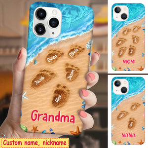 Personalized Phone Case Summer Beach Grandma With Cute Grandkids Footprints On the Sand