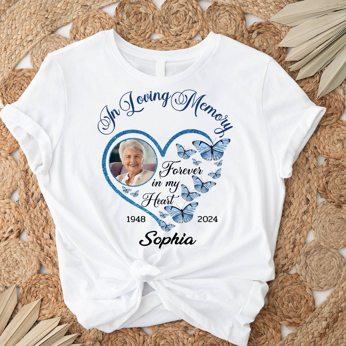 Personalized In Loving Memory Sparkling Heart Memorial Butterflies Pure cotton T-shirt