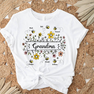 Personalized Grandma Flower Bee And Grandkids Custom Names Pure cotton T-shirt