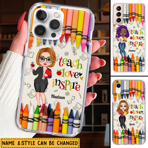 Personalized Colorful Crayon Teach Love Inspire Cute Pretty Doll Teacher Phone Case Perfect Teacher's Day Gift