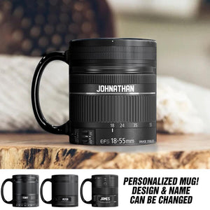 Personalized Camera Lens & Name Black Mug Printed