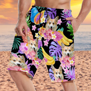 Custom Photo Funny Family Pet Face Black Colorful Tropical - Funny Gift For Pet Lovers- Personalized Unisex Beach Shorts