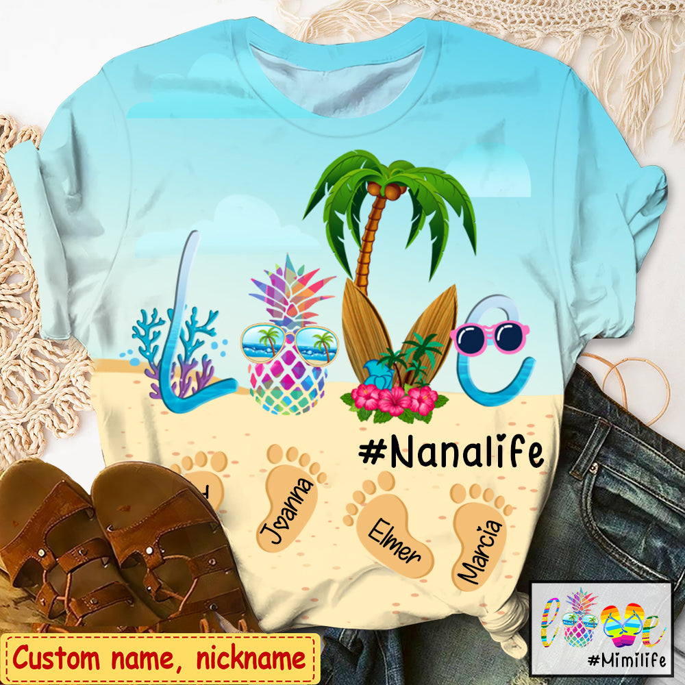 Personalized Pineapple Love Grandma Life Beach Footprint T-Shirt