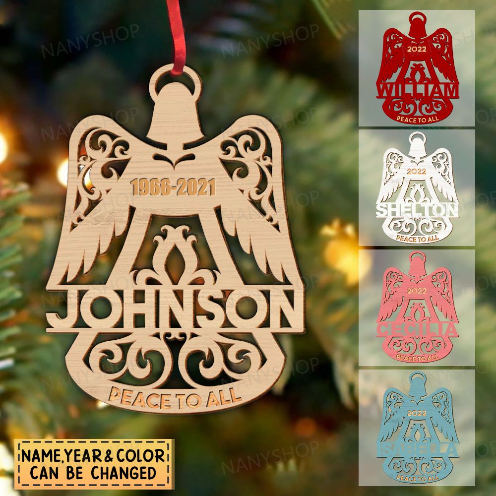 Personalized Memorial Wood Ornament - Angel Wings Bell Shape