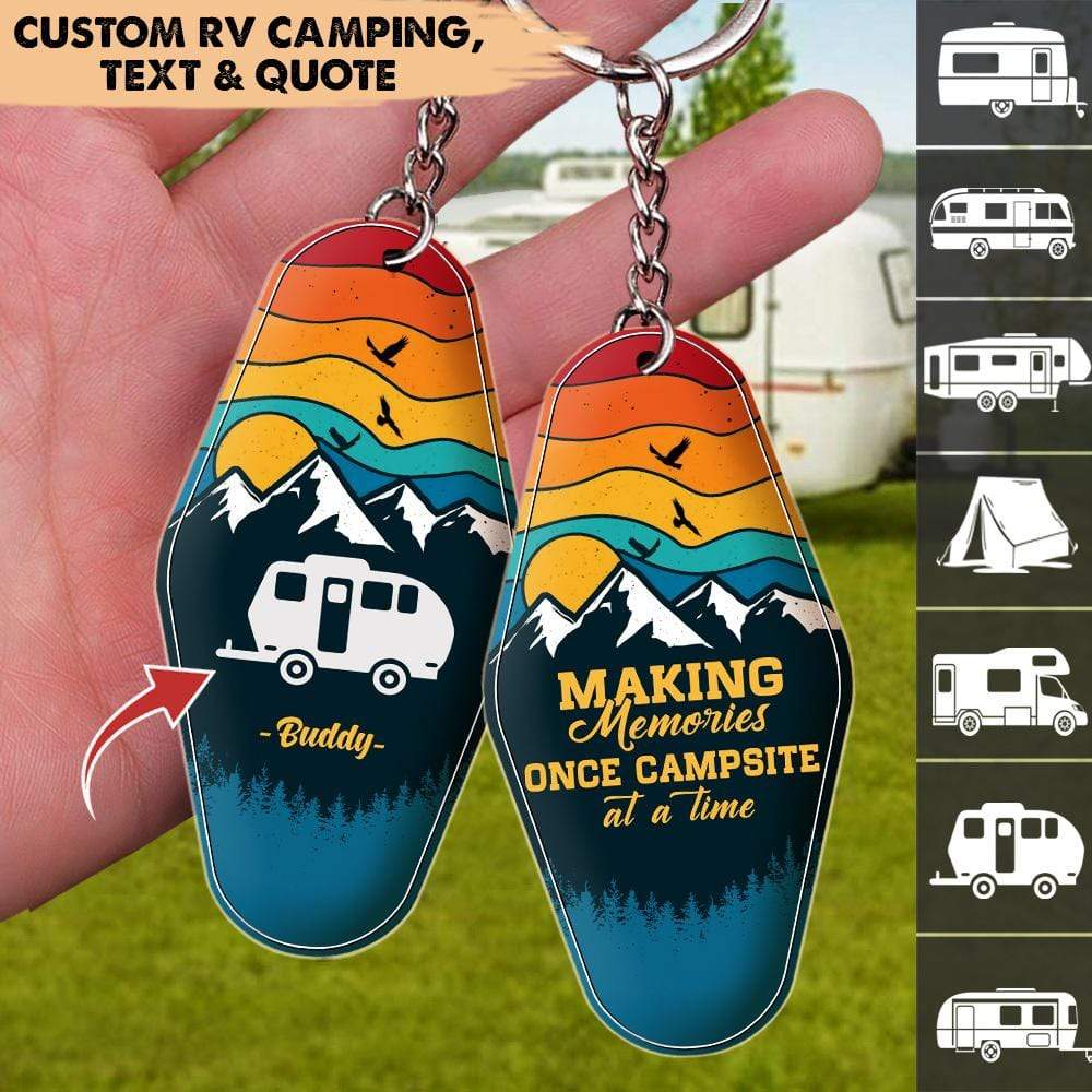 Personalized Retro Sunset Camping Keychain Custom RV Camping - barods