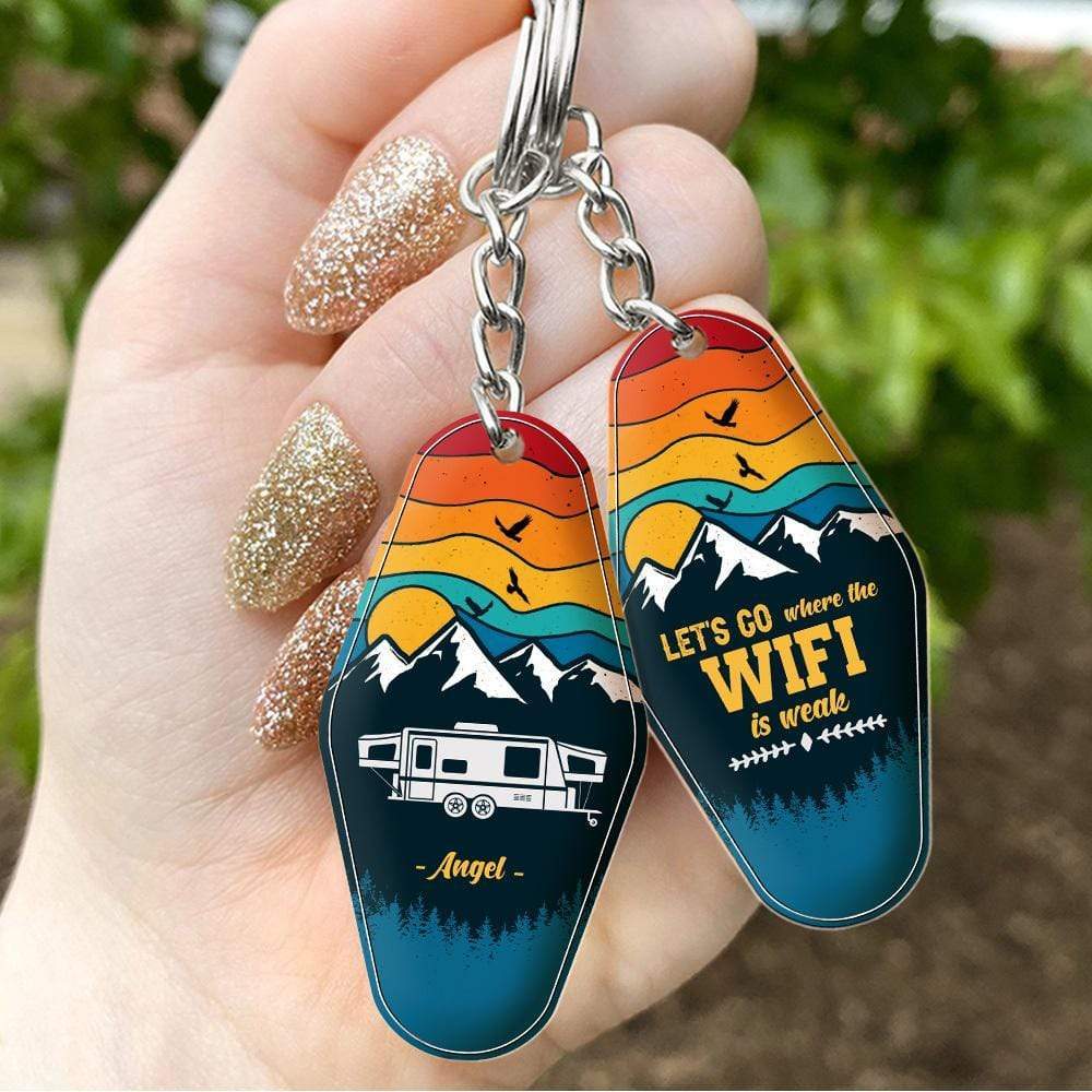 Personalized Retro Sunset Camping Keychain Custom RV Camping - barods