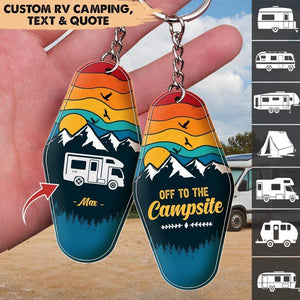 Personalized Retro Sunset Camping Keychain Custom RV Camping