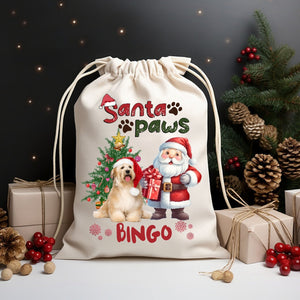 Santa Paws - Custom Photo And Name, Personalized String Bag, Gift For Pet Lover, Christmas Gift